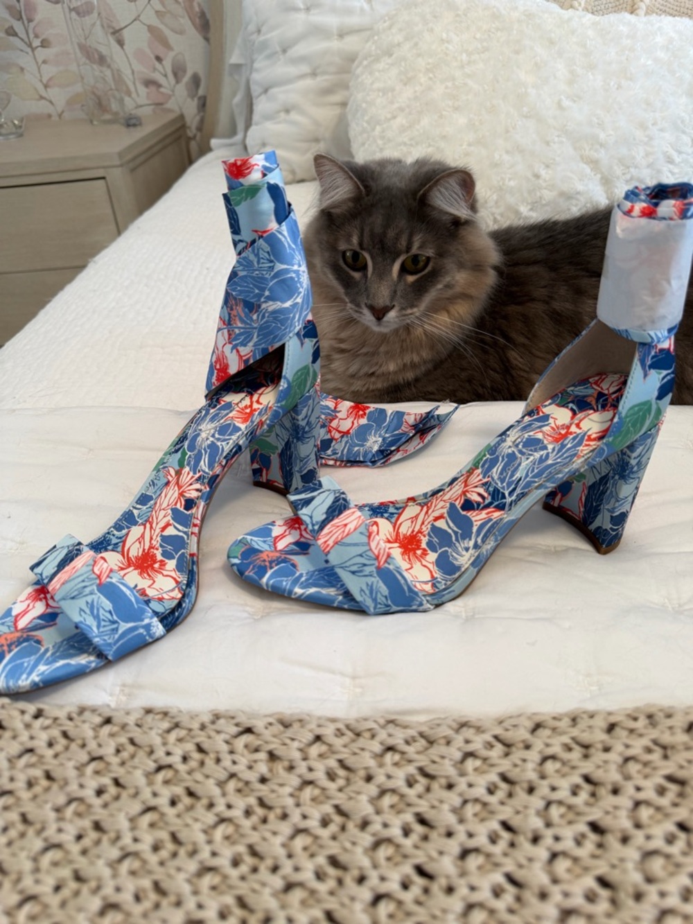 Jessica Simpson Blue Floral Ankle-Tie Block Heels.  Brand new- never worn.